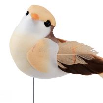 daiktų Plunksninis paukštis ant vielos, dekoratyvinis paukštis su plunksnomis oranžinės rudos spalvos 4cm 12vnt