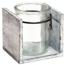 daiktų Žvakės laikiklis iš stiklo kaimiškame mediniame rėmelyje - pilkai baltas, 10x9x10cm - žavinga stalo puošmena 3 vnt.