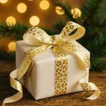 daiktų Šilkinė juostelė leopardo rašto, kreminės aukso spalvos, 15 mm, 18 m