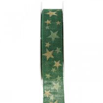 Dovanų juostelė lanko juostelė su žvaigždėmis žalias auksas 25mm 15m