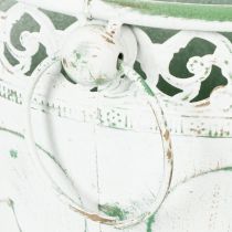 daiktų Reljefinis metalinis vazonas su rankenėlėmis, baltas ir žalias, „shabby chic“ stiliaus, aukštis 22/19,5/17,5 cm, Ø 25,5/20,5/15,5 cm, 3 vnt. rinkinys