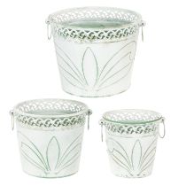 daiktų Reljefinis metalinis vazonas su rankenėlėmis, baltas ir žalias, „shabby chic“ stiliaus, aukštis 22/19,5/17,5 cm, Ø 25,5/20,5/15,5 cm, 3 vnt. rinkinys