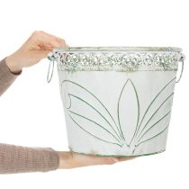 daiktų Reljefinis metalinis vazonas su rankenėlėmis, baltas ir žalias, „shabby chic“ stiliaus, aukštis 22/19,5/17,5 cm, Ø 25,5/20,5/15,5 cm, 3 vnt. rinkinys