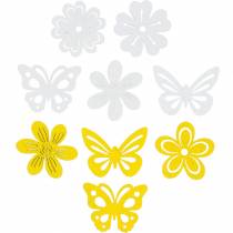 Gėlės ir drugeliai geltonai pabarstyti, baltos spalvos medžio pabarstyti apdaila pavasarinė dekoracija 72vnt
