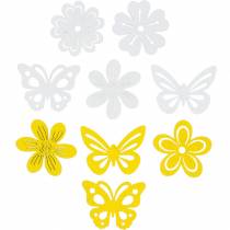 daiktų Gėlės ir drugeliai barstymui geltona, balta medinė barstoma dekoracija spyruoklinė dekoracija 72 vnt.