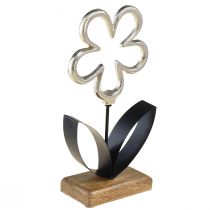 Gėlė metalinė dekoracija sidabrinė juoda medinė bazė 15x29cm