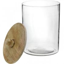 Stiklinis indas, bonbonierė su mediniu dangteliu, dekoratyvinis stiklas natūralios spalvos, skaidrus Ø17cm H24,5cm