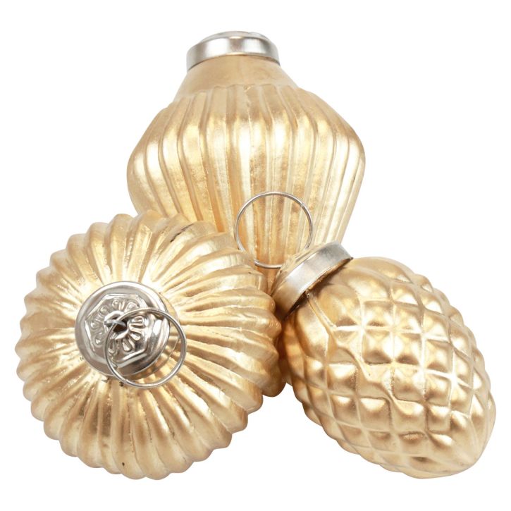 Eglutės papuošimai stiklo aukso papuošimai vintage Ø4-6cm rinkinys 3 vnt