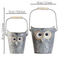 daiktų Dekoratyvinis kibirinis-pelėdos formos cinkuotas vazonas su rankena Ø15/19cm, 2 vnt. rinkinys