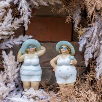 Dekoratyvinė damų figūrėlė paplūdimyje, vasaros puošmena, maudymosi figūrėlės su kepure mėlyna/balta H15/15,5cm rinkinys iš 2 vnt.