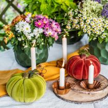 daiktų Dekoratyvinė moliūgų flokuota mišrainė oranžinė, žalia, raudona rudens puošmena 16cm 3 vnt