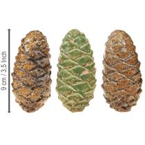 daiktų Dekoratyviniai keraminiai pušies kankorėžiai, įvairūs žali, geltoni, rudi, 8,5 cm, 6 vnt.