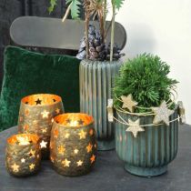 Dekoratyvinė vaza, gėlių kompozicijos, stalo dekoracijos, vaza iš gofruotos keramikos žalia, ruda Ø15cm H30,5cm