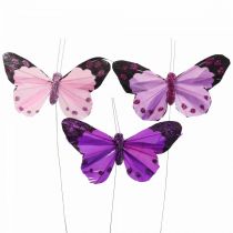 Deco drugelis ant vielos plunksnų drugeliai purpuriniai/rožiniai 9,5cm 12vnt