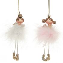 daiktų Dekoratyvinė figūra angelas princesė eglutės puošmena balta, rožinė 12cm 2 vnt