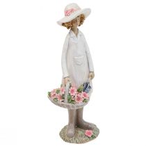 daiktų Dekoratyvinės figūrėlės sodininkės puošmena moteris su gėlėmis balta rožinė H21cm