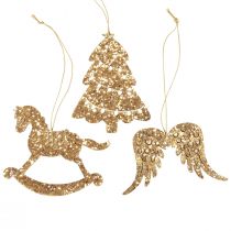 daiktų Deco kabykla medžio aukso blizgučiai Kalėdų eglutės puošmena 10cm 6vnt