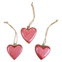 Dekoratyvinė kabykla medinių medinių širdelių apdaila rožinė blizgi 6cm 8vnt