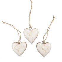 Dekoratyvinės kabyklos medinės medinės širdelės natūralios baltos/auksinės craquelure 6cm 8vnt