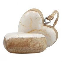 Dekoratyvinės kabyklos medinės medinės širdelės natūralios baltos/auksinės craquelure 6cm 8vnt