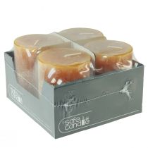 daiktų Geltonos kaimiško stiliaus kolonėlės žvakės, 80x110 mm, 4 saugios žvakės - degimo laikas 57 val., RAL kokybė