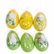 Dekoratyvinė velykinė puokštė kiaušiniui pakabinti geltona, žalia asorti H7cm 6vnt