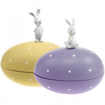 Kiškutis ant kiaušinio, dekoratyvinis kiaušinis užpildymui, Velykos, dekoratyvinė dėžutė geltona, violetinė H17/16cm L15cm 2 rinkinys