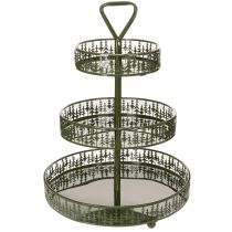 daiktų Metalinis serviravimo stovas, žalias, trijų aukštų, su eglės dekoracija, apvalus, 49 cm