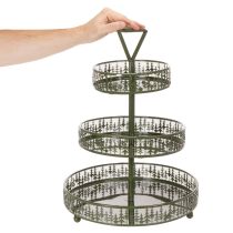 daiktų Metalinis serviravimo stovas, žalias, trijų aukštų, su eglės dekoracija, apvalus, 49 cm