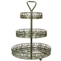 daiktų Metalinis serviravimo stovas, žalias, trijų aukštų, su eglės dekoracija, apvalus, 49 cm