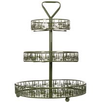 daiktų Metalinis serviravimo stovas, žalias, trijų aukštų, su eglės dekoracija, apvalus, 49 cm