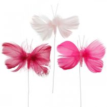 Plunksniniai drugeliai rožinė/rožinė/raudona, deko drugeliai ant vielos 6vnt