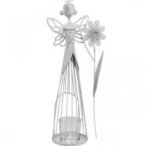Pavasario puošmena, gėlių fėja kaip žibintas, metalinė stalo puošmena, elfas su gėle balta H32,5cm