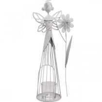 Pavasario puošmena, gėlių fėja kaip žibintas, metalinė stalo puošmena, elfas su gėle balta H32,5cm