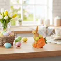 daiktų Dekoratyvinis triušis su morka, Velykų zuikučio dekoratyvinės figūrėlės, 6 cm, 3 vnt.