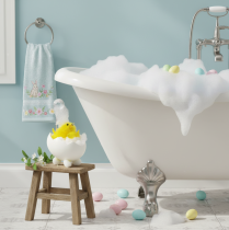 daiktų Velykinio viščiuko dekoracija, šenilinis viščiukas vonioje, geltonas, 9 cm