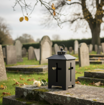 daiktų Žibintas ant kapo, kryžminis langas, metalinis, antikinės pilkos spalvos, 13 x 27 cm