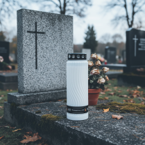 daiktų Kapo žvakės dangtelis su gėlių motyvu, baltas ir juodas, 10 dienų, aukštis 27 cm