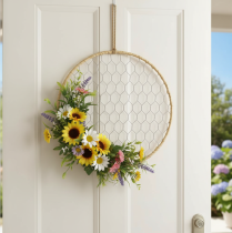 daiktų Dekoratyvinis metalinis žiedas Ø38cm, kabantis dekoras, rafija, sidabras, natūralus, bohemiškas sienų dekoras, universalus dekoravimas, 4 dalys