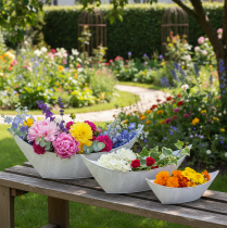 daiktų Vazonas-vazonas, laivelio formos, metalinis, baltas/sidabrinis, 54,5/48/42 cm, 3 vnt. rinkinys