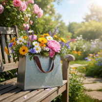 daiktų Dekoratyvinis maišelis, sidabro spalvos, baltas, rudas, metalinis, vazonas, I22 cm, 2 vnt.