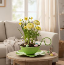 daiktų Metalinis dekoratyvinis puodelis su lėkštute, šviesiai žalias, aukštis 8 cm, skersmuo 11,5 cm, 2 vnt.