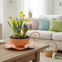 daiktų Metalinis dekoratyvinis puodelis, oranžinis, Ø11,5 cm, aukštis6 cm, su lėkštute, 2 vnt.