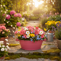 daiktų Rožinis metalinis gėlių dubuo su rankenomis, apvalus, Ø33,5 cm