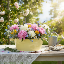 daiktų Dekoratyvinis metalinis dubuo, žaliai geltonas, gėlės formos dubuo su rankena, Ø33,5 cm