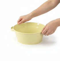 daiktų Dekoratyvinis metalinis dubuo, žaliai geltonas, gėlės formos dubuo su rankena, Ø33,5 cm