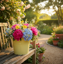 daiktų Dekoratyvinis metalinis vazonas, žalias/geltonas, gėlių vazonas, 31x26x21,5 cm