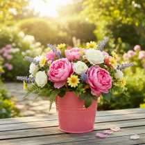 daiktų Metalinis kibirinis gėlių vazonas su rožine rankena 16x17,5x16cm 2vnt.