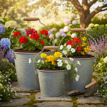 daiktų Dekoratyviniai metaliniai kibirėliai rūdžių spalvos, vintažiniai, Ø15/17,5/22 cm, 3 vnt. rinkinys