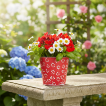 daiktų Raudonas ir baltas mini gėlių vazonas, gėlių raštas, metalinis, Ø10,5 cm, aukštis 10,5 cm